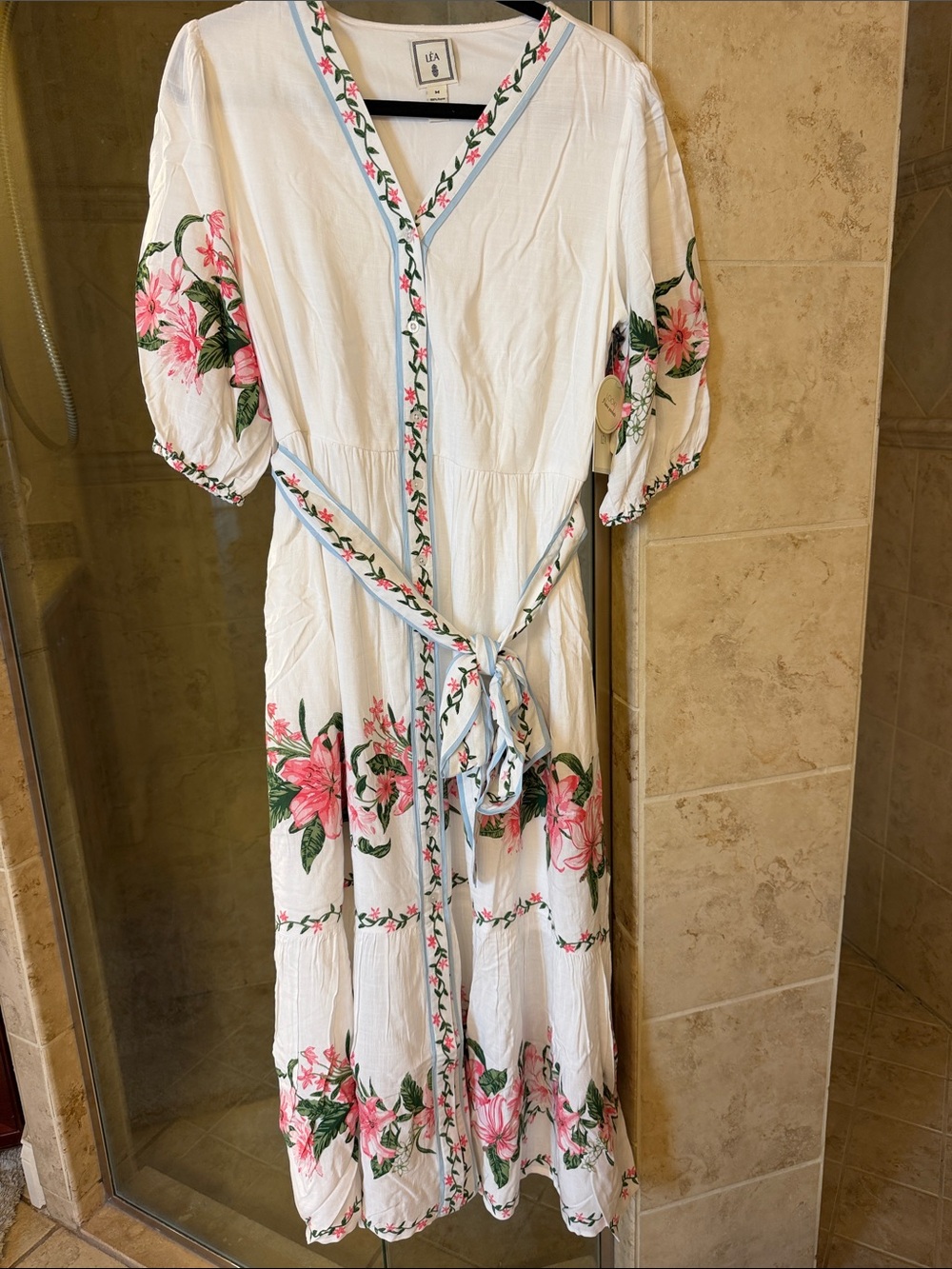 Lea Button Front White Floral Maxi Dress with Belt